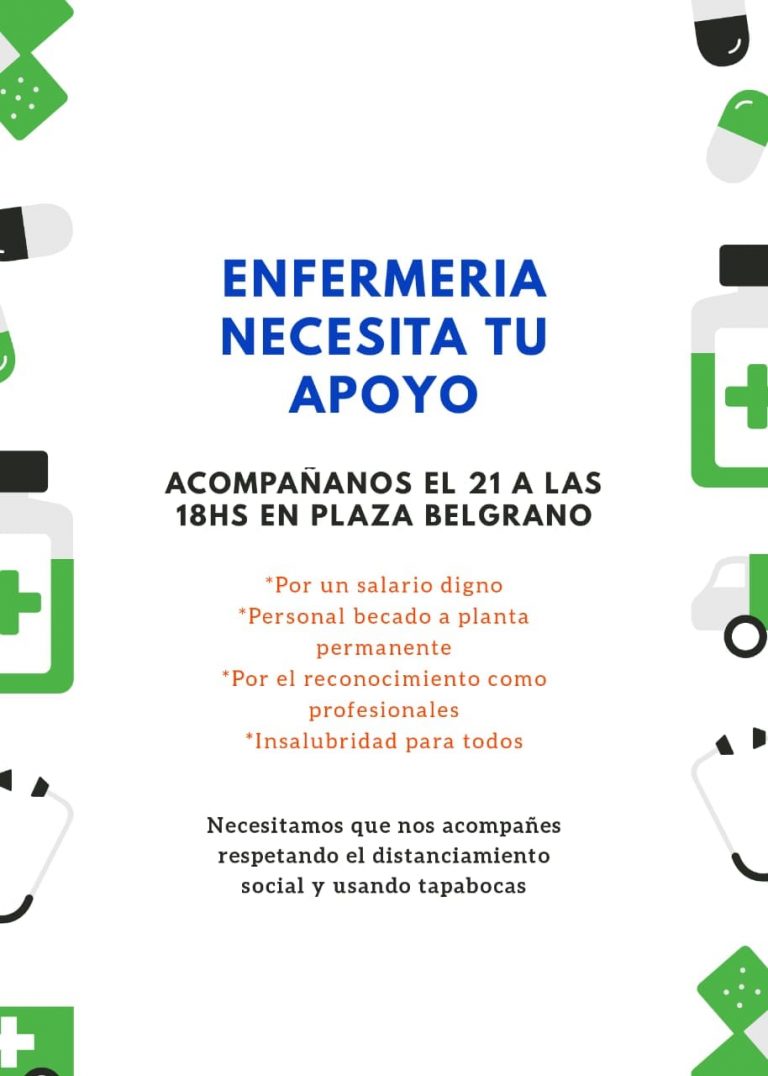 Trabajadores de la enfermería se movilizarán el lunes en Plaza Belgrano