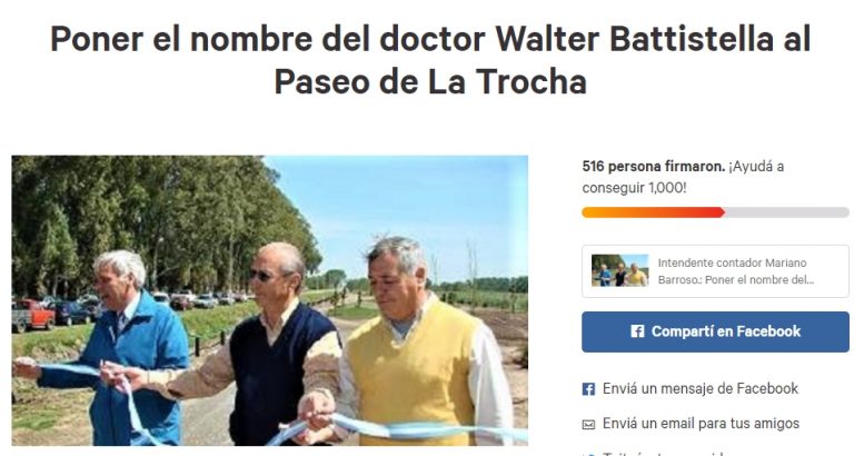 Piden que el Paseo «La Trocha» lleve el nombre de Battistella