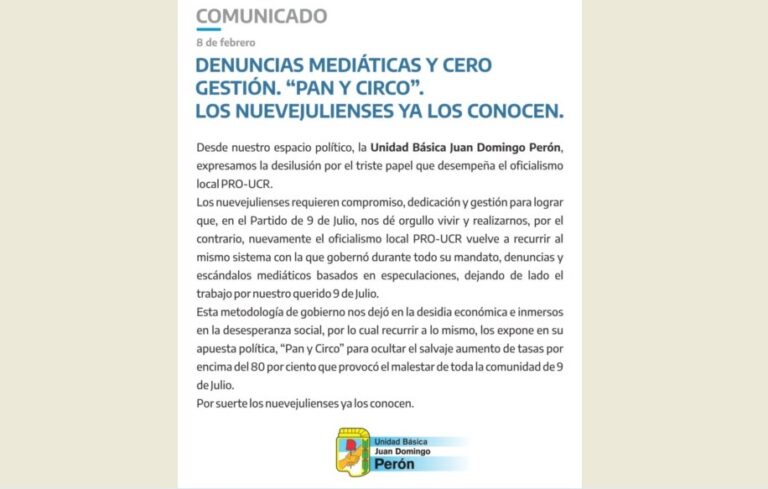 Comunicado de la UB Juan D. Perón: «Denuncias mediáticas y cero gestión»