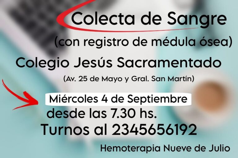 Este miércoles colecta de sangre en el CJS