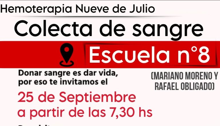Este miércoles, colecta de sangre en la Escuela Nº 8