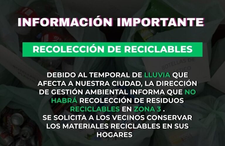 Reciclables: no se realiza la recolección en Zona 3, ante la situación climática