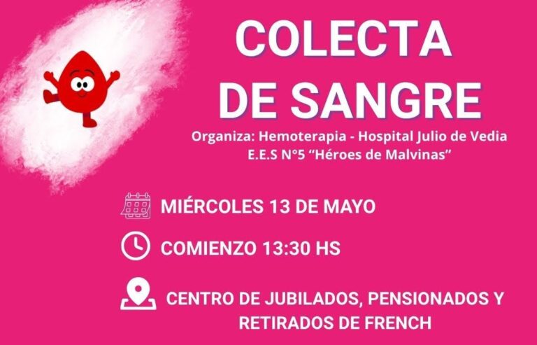 Este miércoles se realizará la colecta de sangre en French